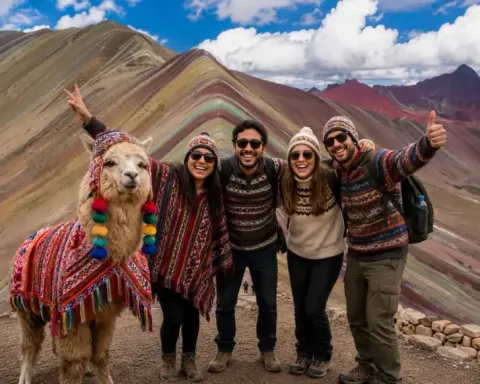 Turistas en Montaña de Colores Rainbow Mountain | Happy Llamas Travel